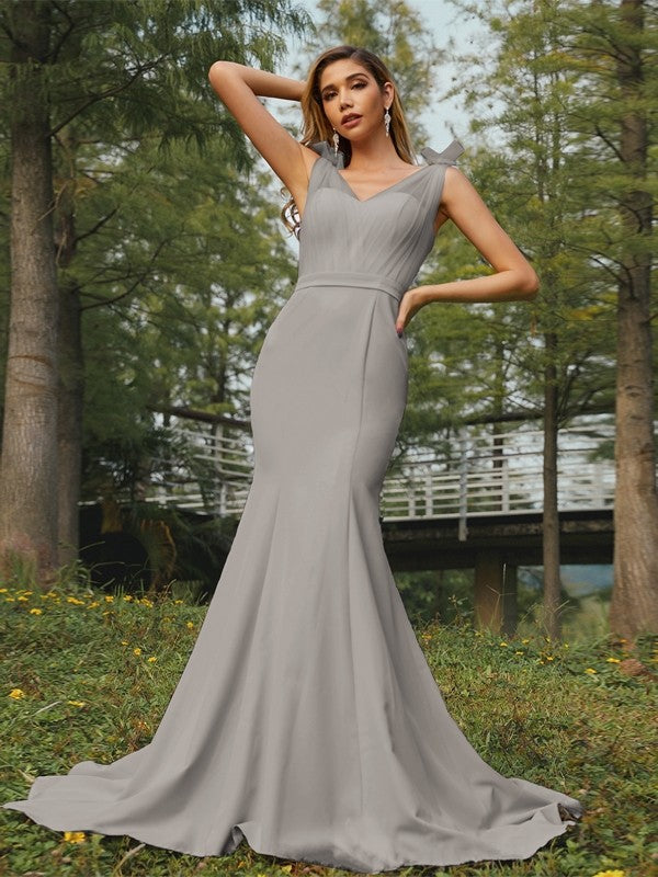 Trumpet/Mermaid Stretch Crepe Ruched V-neck Sleeveless Sweep/Brush Train Bridesmaid Dresses Evening Dress