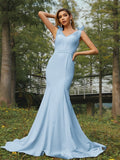 Trumpet/Mermaid Stretch Crepe Ruched V-neck Sleeveless Sweep/Brush Train Bridesmaid Dresses Evening Dress