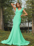 Trumpet/Mermaid Stretch Crepe Ruched V-neck Sleeveless Sweep/Brush Train Bridesmaid Dresses Evening Dress