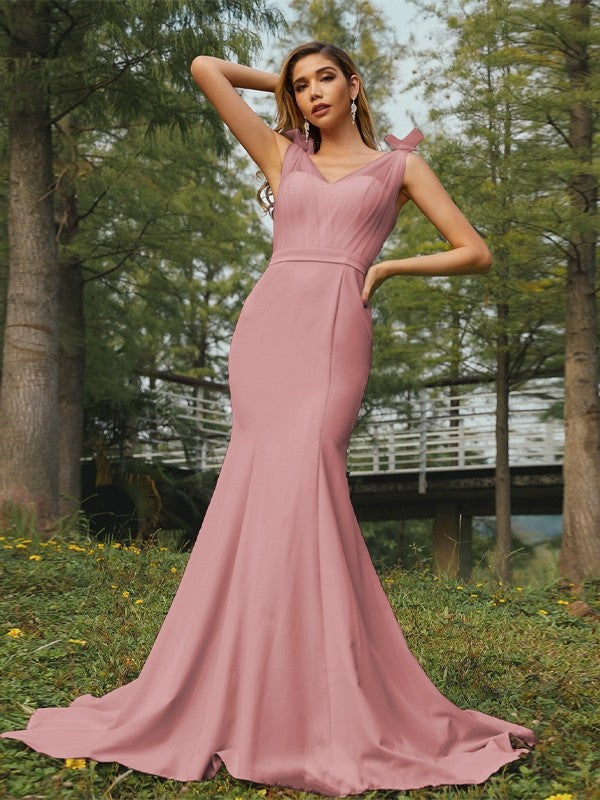 Trumpet/Mermaid Stretch Crepe Ruched V-neck Sleeveless Sweep/Brush Train Bridesmaid Dresses Evening Dress
