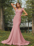 Trumpet/Mermaid Stretch Crepe Ruched V-neck Sleeveless Sweep/Brush Train Bridesmaid Dresses Evening Dress