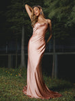 Sheath/Column Silk like Satin Ruched Spaghetti Straps Sleeveless Sweep/Brush Train Bridesmaid Dresses Evening Dress