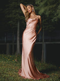 Sheath/Column Silk like Satin Ruched Spaghetti Straps Sleeveless Sweep/Brush Train Bridesmaid Dresses Evening Dress