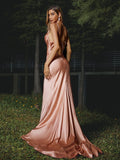 Sheath/Column Silk like Satin Ruched Spaghetti Straps Sleeveless Sweep/Brush Train Bridesmaid Dresses Evening Dress