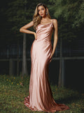 Sheath/Column Silk like Satin Ruched Spaghetti Straps Sleeveless Sweep/Brush Train Bridesmaid Dresses Evening Dress