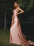 Sheath/Column Silk like Satin Ruched Spaghetti Straps Sleeveless Sweep/Brush Train Bridesmaid Dresses Evening Dress
