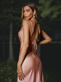 Sheath/Column Silk like Satin Ruched Spaghetti Straps Sleeveless Sweep/Brush Train Bridesmaid Dresses Evening Dress
