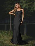 Sheath/Column Silk like Satin Ruched Spaghetti Straps Sleeveless Sweep/Brush Train Bridesmaid Dresses Evening Dress
