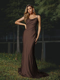 Sheath/Column Silk like Satin Ruched Spaghetti Straps Sleeveless Sweep/Brush Train Bridesmaid Dresses Evening Dress