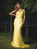 Sheath/Column Silk like Satin Ruched Spaghetti Straps Sleeveless Sweep/Brush Train Bridesmaid Dresses Evening Dress