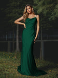 Sheath/Column Silk like Satin Ruched Spaghetti Straps Sleeveless Sweep/Brush Train Bridesmaid Dresses Evening Dress