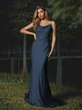 Sheath/Column Silk like Satin Ruched Spaghetti Straps Sleeveless Sweep/Brush Train Bridesmaid Dresses Evening Dress