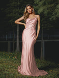 Sheath/Column Silk like Satin Ruched Spaghetti Straps Sleeveless Sweep/Brush Train Bridesmaid Dresses Evening Dress