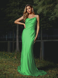 Sheath/Column Silk like Satin Ruched Spaghetti Straps Sleeveless Sweep/Brush Train Bridesmaid Dresses Evening Dress