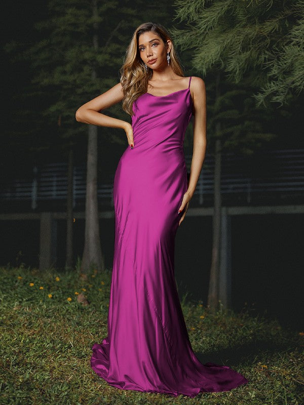 Sheath/Column Silk like Satin Ruched Spaghetti Straps Sleeveless Sweep/Brush Train Bridesmaid Dresses Evening Dress