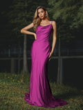 Sheath/Column Silk like Satin Ruched Spaghetti Straps Sleeveless Sweep/Brush Train Bridesmaid Dresses Evening Dress
