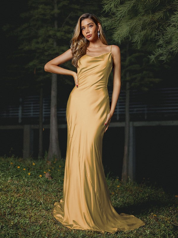 Sheath/Column Silk like Satin Ruched Spaghetti Straps Sleeveless Sweep/Brush Train Bridesmaid Dresses Evening Dress