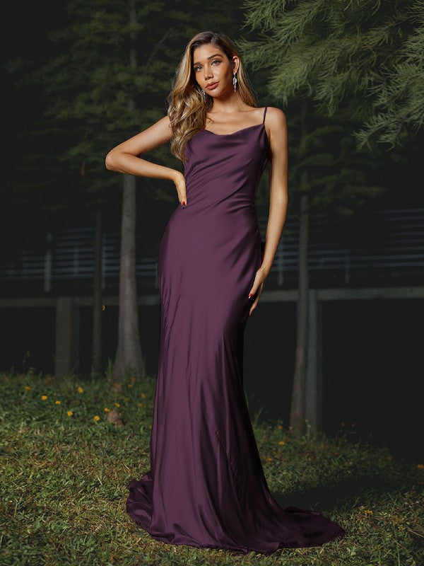Sheath/Column Silk like Satin Ruched Spaghetti Straps Sleeveless Sweep/Brush Train Bridesmaid Dresses Evening Dress