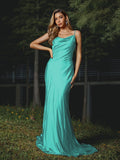 Sheath/Column Silk like Satin Ruched Spaghetti Straps Sleeveless Sweep/Brush Train Bridesmaid Dresses Evening Dress