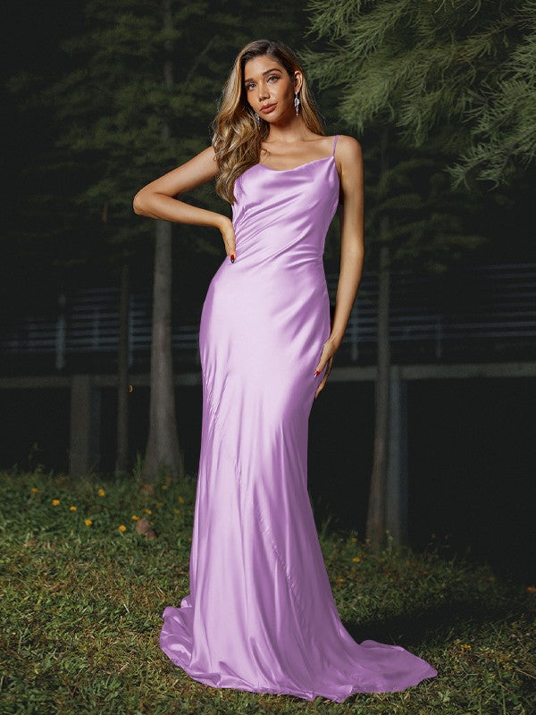 Sheath/Column Silk like Satin Ruched Spaghetti Straps Sleeveless Sweep/Brush Train Bridesmaid Dresses Evening Dress