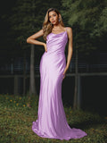 Sheath/Column Silk like Satin Ruched Spaghetti Straps Sleeveless Sweep/Brush Train Bridesmaid Dresses Evening Dress