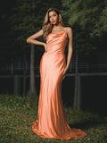 Sheath/Column Silk like Satin Ruched Spaghetti Straps Sleeveless Sweep/Brush Train Bridesmaid Dresses Evening Dress