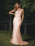 Sheath/Column Silk like Satin Ruched Spaghetti Straps Sleeveless Sweep/Brush Train Bridesmaid Dresses Evening Dress