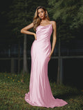 Sheath/Column Silk like Satin Ruched Spaghetti Straps Sleeveless Sweep/Brush Train Bridesmaid Dresses Evening Dress