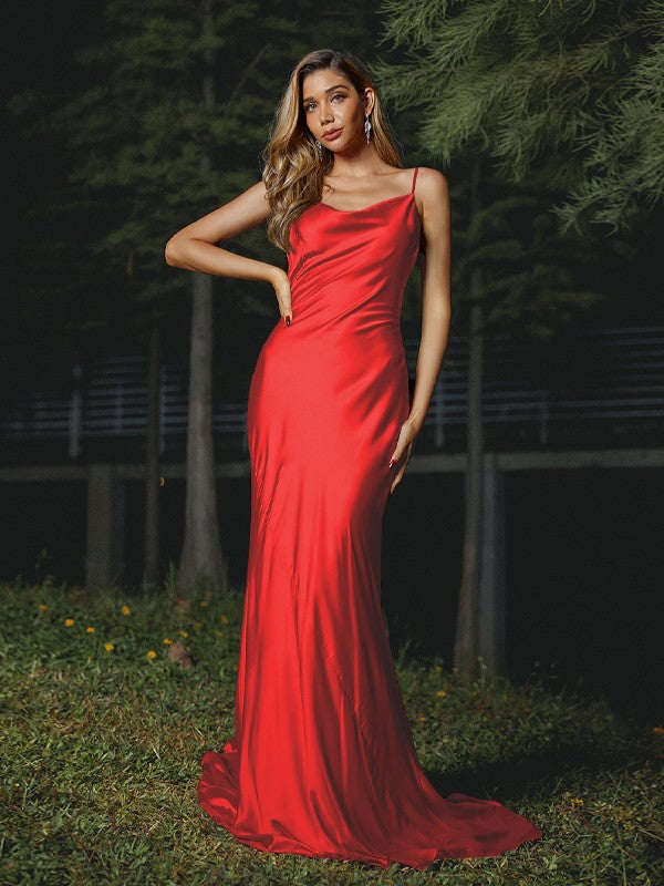 Sheath/Column Silk like Satin Ruched Spaghetti Straps Sleeveless Sweep/Brush Train Bridesmaid Dresses Evening Dress