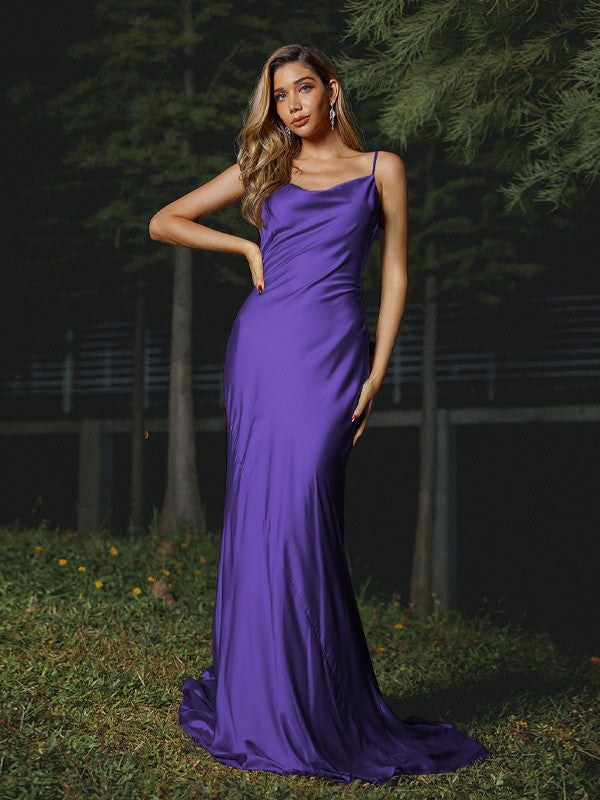 Sheath/Column Silk like Satin Ruched Spaghetti Straps Sleeveless Sweep/Brush Train Bridesmaid Dresses Evening Dress
