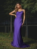 Sheath/Column Silk like Satin Ruched Spaghetti Straps Sleeveless Sweep/Brush Train Bridesmaid Dresses Evening Dress