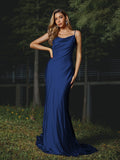 Sheath/Column Silk like Satin Ruched Spaghetti Straps Sleeveless Sweep/Brush Train Bridesmaid Dresses Evening Dress