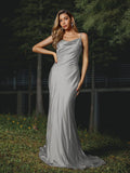 Sheath/Column Silk like Satin Ruched Spaghetti Straps Sleeveless Sweep/Brush Train Bridesmaid Dresses Evening Dress