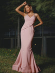 Sheath/Column Stretch Crepe Ruched V-neck Sleeveless Floor-Length Bridesmaid Dresses Evening Dress