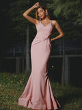Sheath/Column Stretch Crepe Ruched V-neck Sleeveless Floor-Length Bridesmaid Dresses Evening Dress