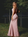 Sheath/Column Stretch Crepe Ruched V-neck Sleeveless Floor-Length Bridesmaid Dresses Evening Dress