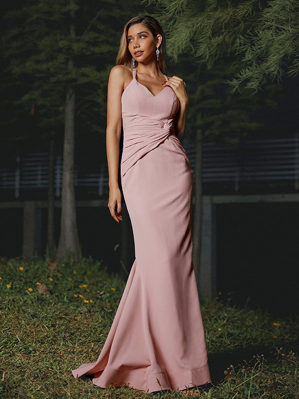 Sheath/Column Stretch Crepe Ruched V-neck Sleeveless Floor-Length Bridesmaid Dresses Evening Dress