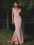 Sheath/Column Stretch Crepe Ruched V-neck Sleeveless Floor-Length Bridesmaid Dresses Evening Dress