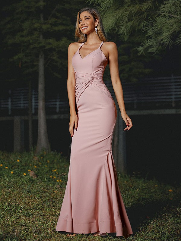 Sheath/Column Stretch Crepe Ruched V-neck Sleeveless Floor-Length Bridesmaid Dresses Evening Dress