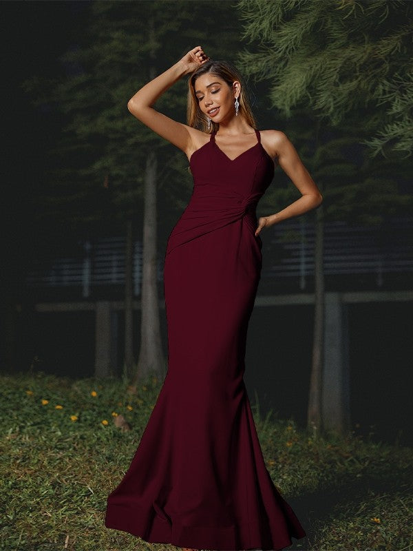 Sheath/Column Stretch Crepe Ruched V-neck Sleeveless Floor-Length Bridesmaid Dresses Evening Dress
