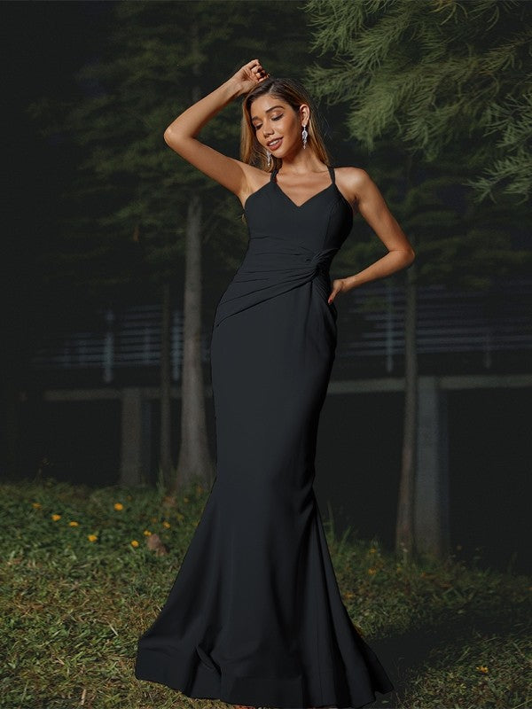 Sheath/Column Stretch Crepe Ruched V-neck Sleeveless Floor-Length Bridesmaid Dresses Evening Dress