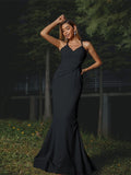 Sheath/Column Stretch Crepe Ruched V-neck Sleeveless Floor-Length Bridesmaid Dresses Evening Dress