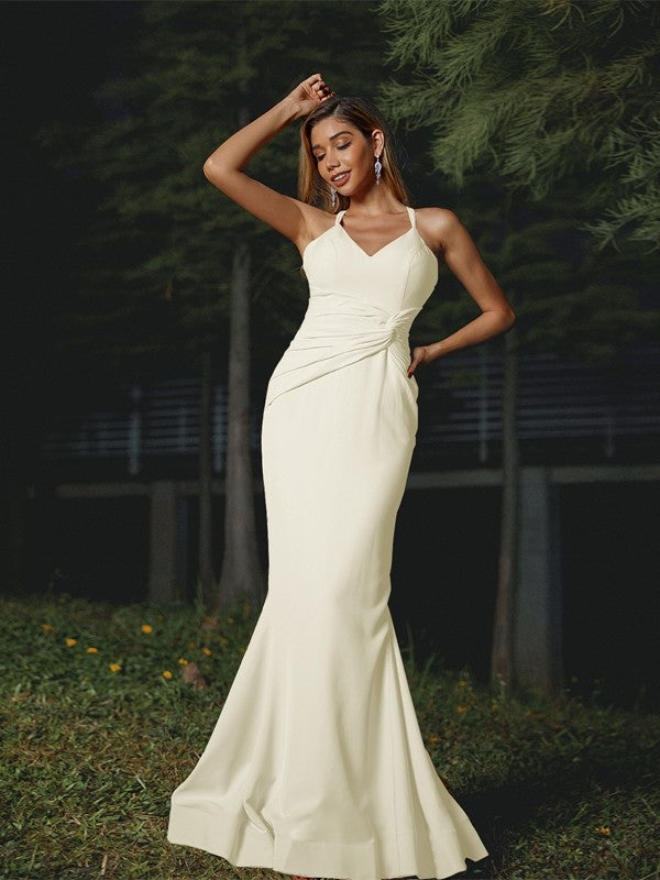 Sheath/Column Stretch Crepe Ruched V-neck Sleeveless Floor-Length Bridesmaid Dresses Evening Dress