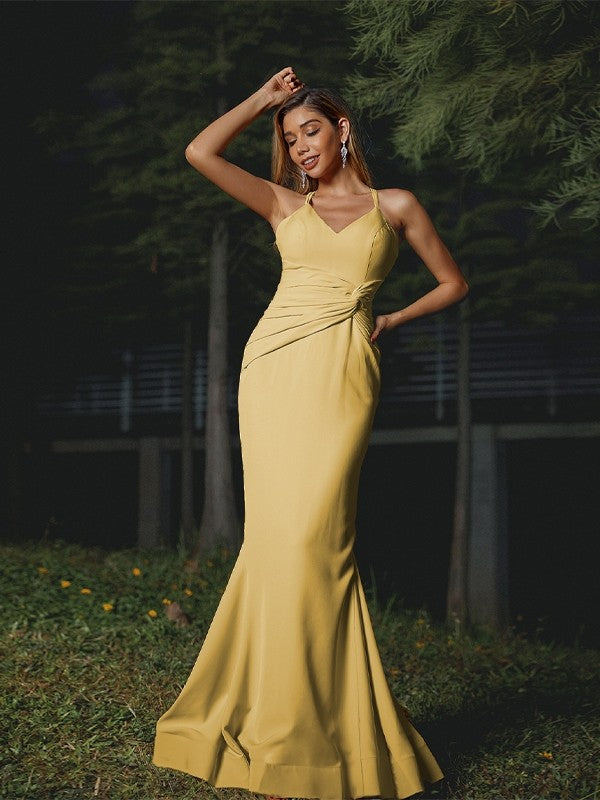 Sheath/Column Stretch Crepe Ruched V-neck Sleeveless Floor-Length Bridesmaid Dresses Evening Dress