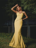 Sheath/Column Stretch Crepe Ruched V-neck Sleeveless Floor-Length Bridesmaid Dresses Evening Dress