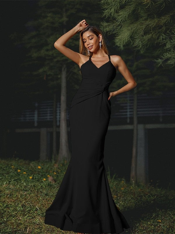 Sheath/Column Stretch Crepe Ruched V-neck Sleeveless Floor-Length Bridesmaid Dresses Evening Dress