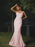 Sheath/Column Stretch Crepe Ruched V-neck Sleeveless Floor-Length Bridesmaid Dresses Evening Dress