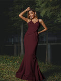Sheath/Column Stretch Crepe Ruched V-neck Sleeveless Floor-Length Bridesmaid Dresses Evening Dress