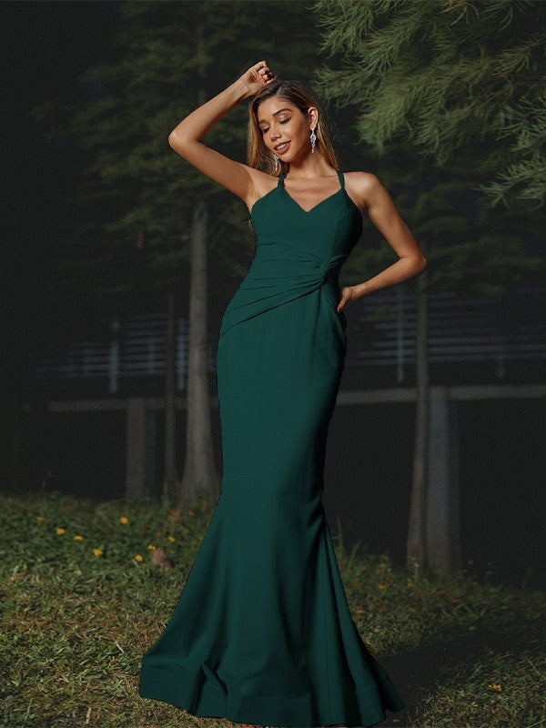 Sheath/Column Stretch Crepe Ruched V-neck Sleeveless Floor-Length Bridesmaid Dresses Evening Dress