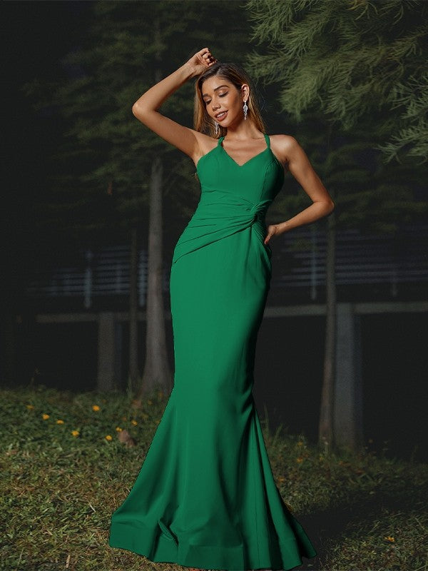 Sheath/Column Stretch Crepe Ruched V-neck Sleeveless Floor-Length Bridesmaid Dresses Evening Dress